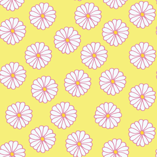 Een handgetekend patroon met een gele achtergrond met daarop witte daisies met een roze omlijning.