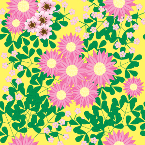 Een digitaal gemaakt patroon uit mijn pink flower collectie. Het is een gele achtergrond met verschillende roze bloemen en groene blaadjes en takjes