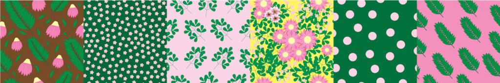 Een selectie patterns uit de pink flower collection – unieke illustraties door Ingeborg die werkt onder Daisy Design & Art